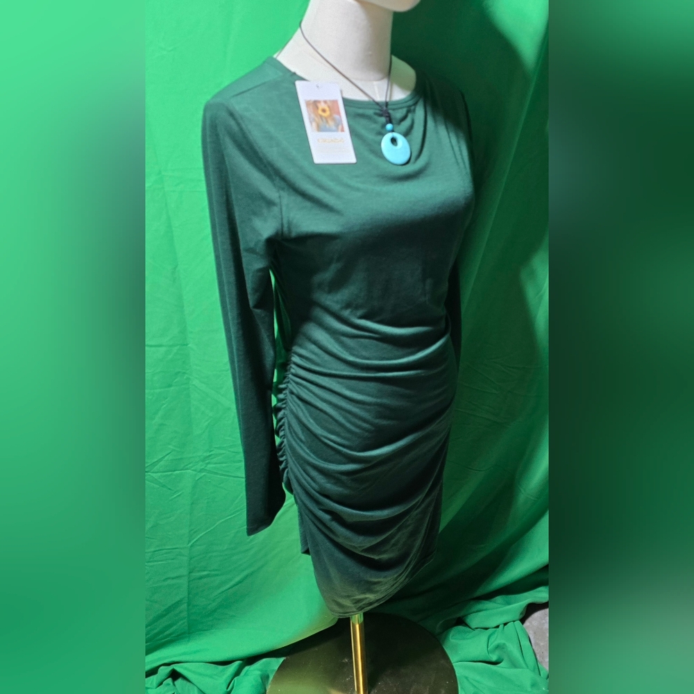 Bodycon Ruched Long Sleeve Dress Dark Green NWT, KIRUNDO Boutique, Size 3 Ladies - Picture 4 of 13